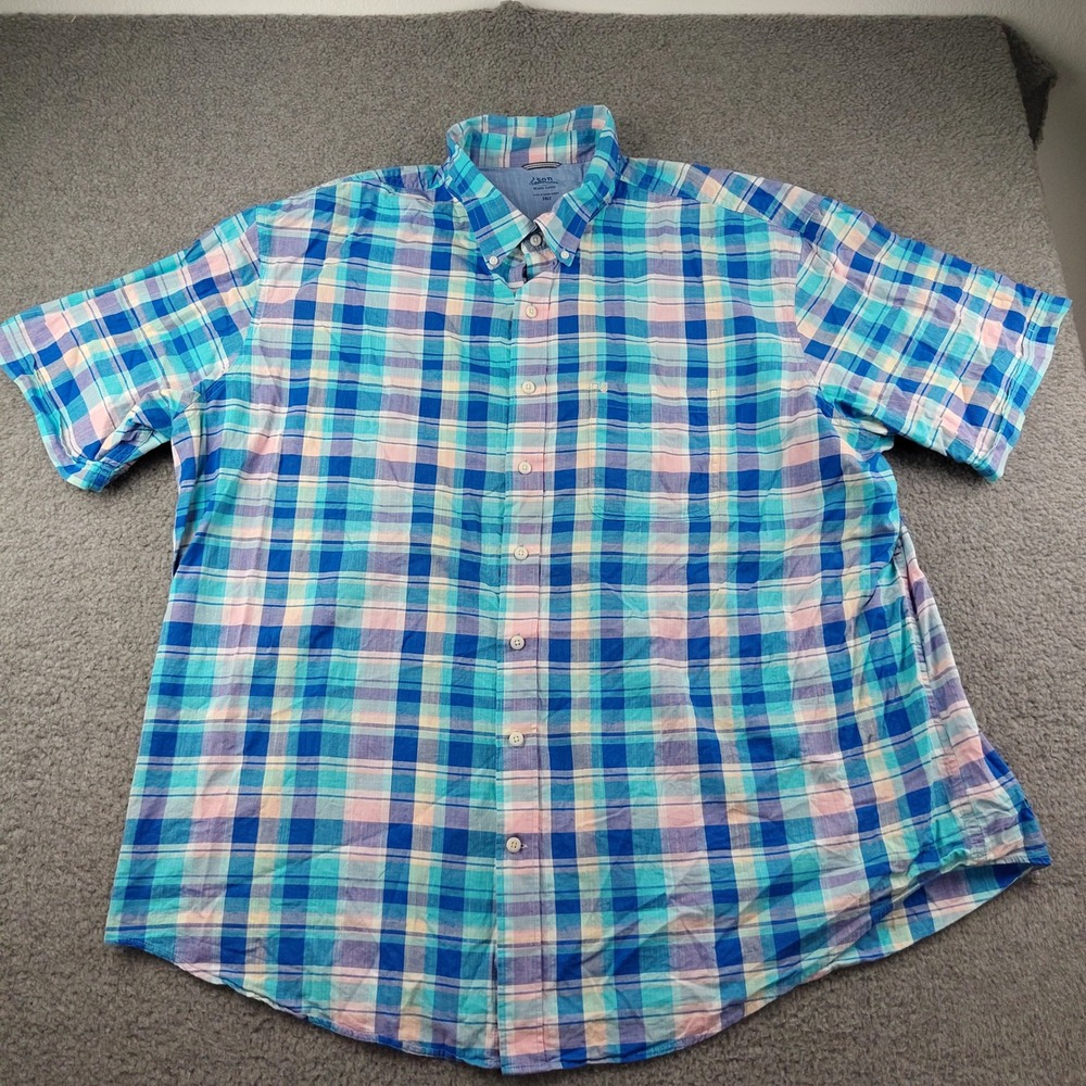 Lands End Button Down Shirt Mens 3XLT Plaid Blue Pink Cotton Short Sleeve EUC